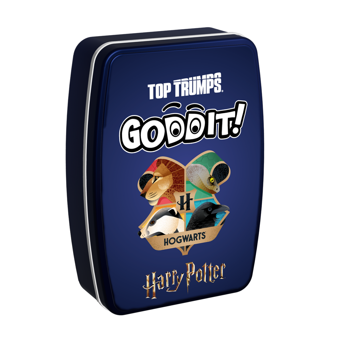 Blue metal tin for GODDIT! Top Trumps Harry Potter with Hogwarts characters
