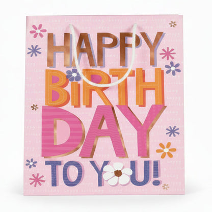 Medium Gift Bag Girl Happy Birthday Text 22cm H x 17cm W x 10cm D
