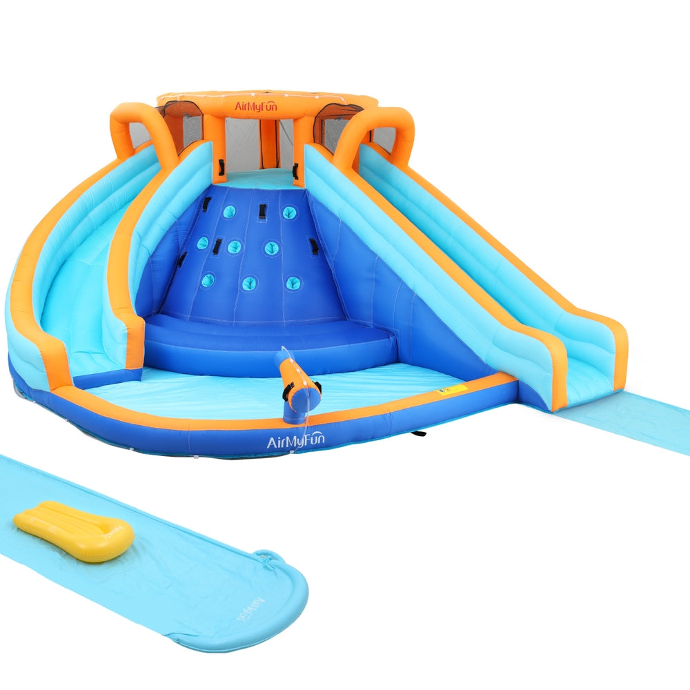 Kids inflatable water park pool with twin side slides, blue and orange inflatable rails