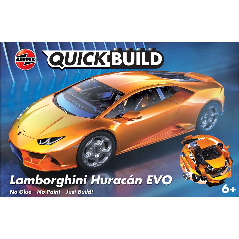 Airfix Quick Build Lamborghini Huracan Evo model kit box showing orange sports car