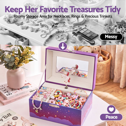 Keezi Kids Jewellery Box Organiser for Girls Kids Music Box Unicorn Purple