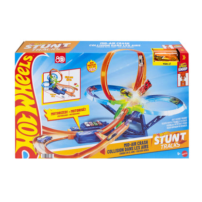 Hot Wheels mid-air crash stunt tracks toy set in retail box, with track pieces and car shown