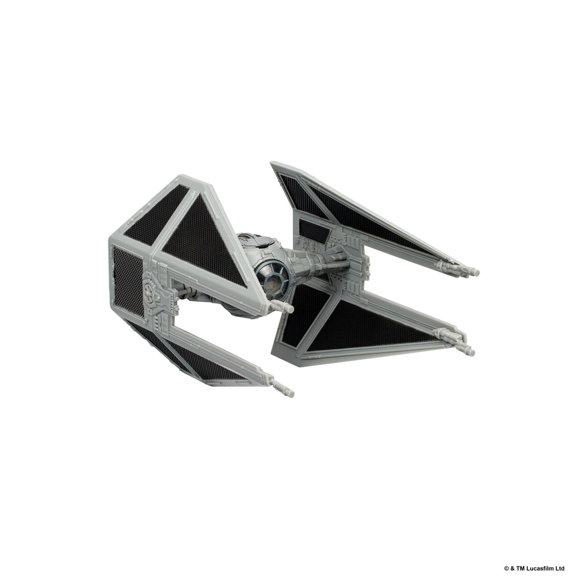 Star Wars Tie Interceptor miniature vehicle with gray body and black triangular wing panels.