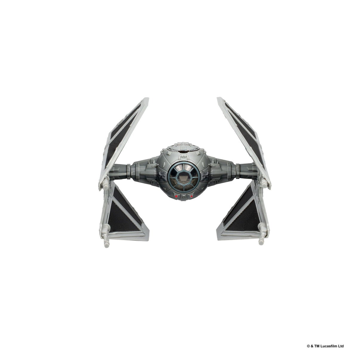 Star Wars Tie Interceptor miniature viewed head-on, showing its central cockpit and twin wings.