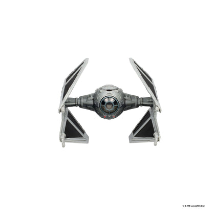 Star Wars Tie Interceptor miniature viewed head-on, showing its central cockpit and twin wings.
