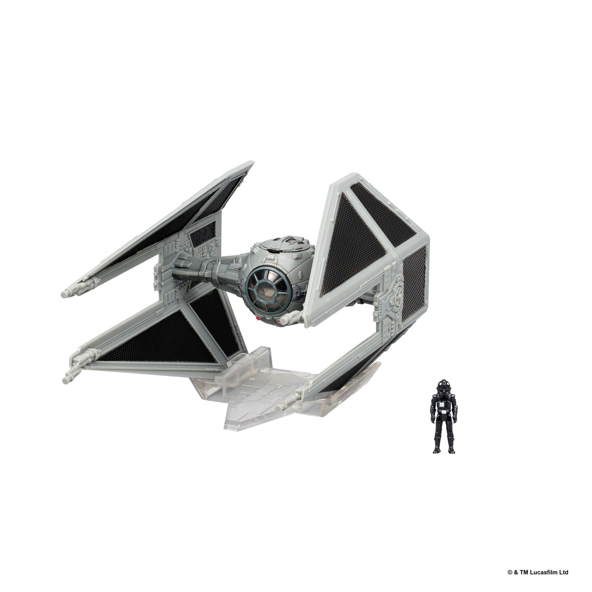 Star Wars Tie Interceptor miniature with clear display stand and small pilot figure.