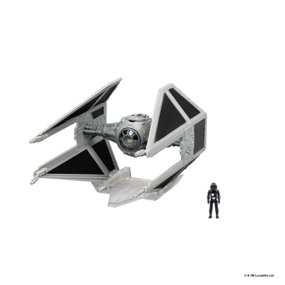 Star Wars Tie Interceptor miniature with clear display stand and small pilot figure.