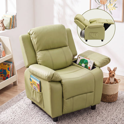 Kids recliner chair in green PU leather with adjustable backrest and armrest storage