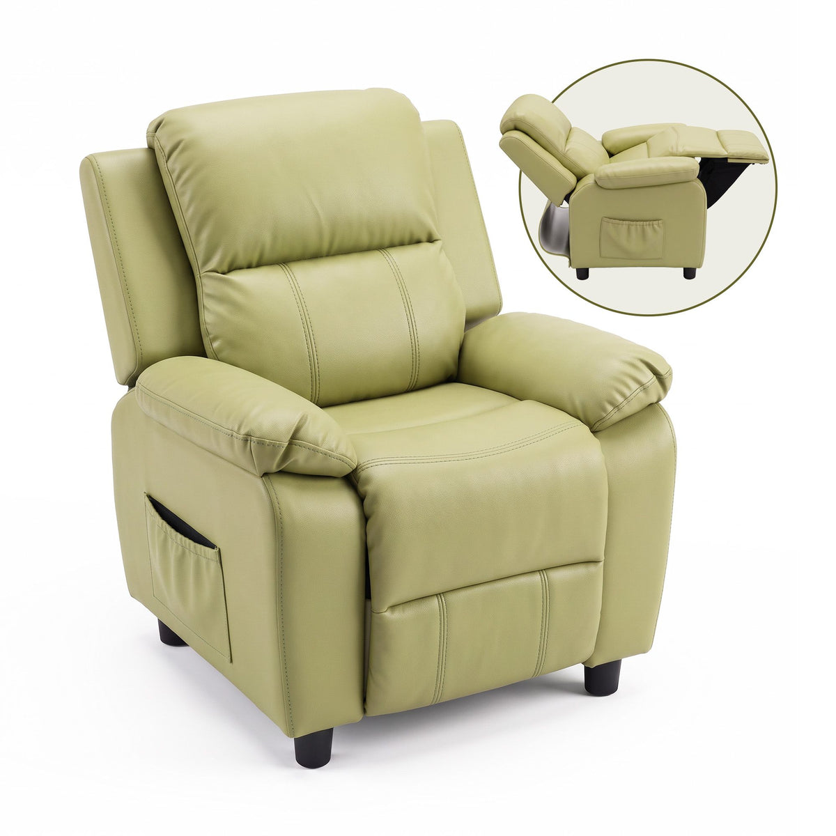 Green kids recliner chair with padded arms and adjustable backrest, featuring side storage