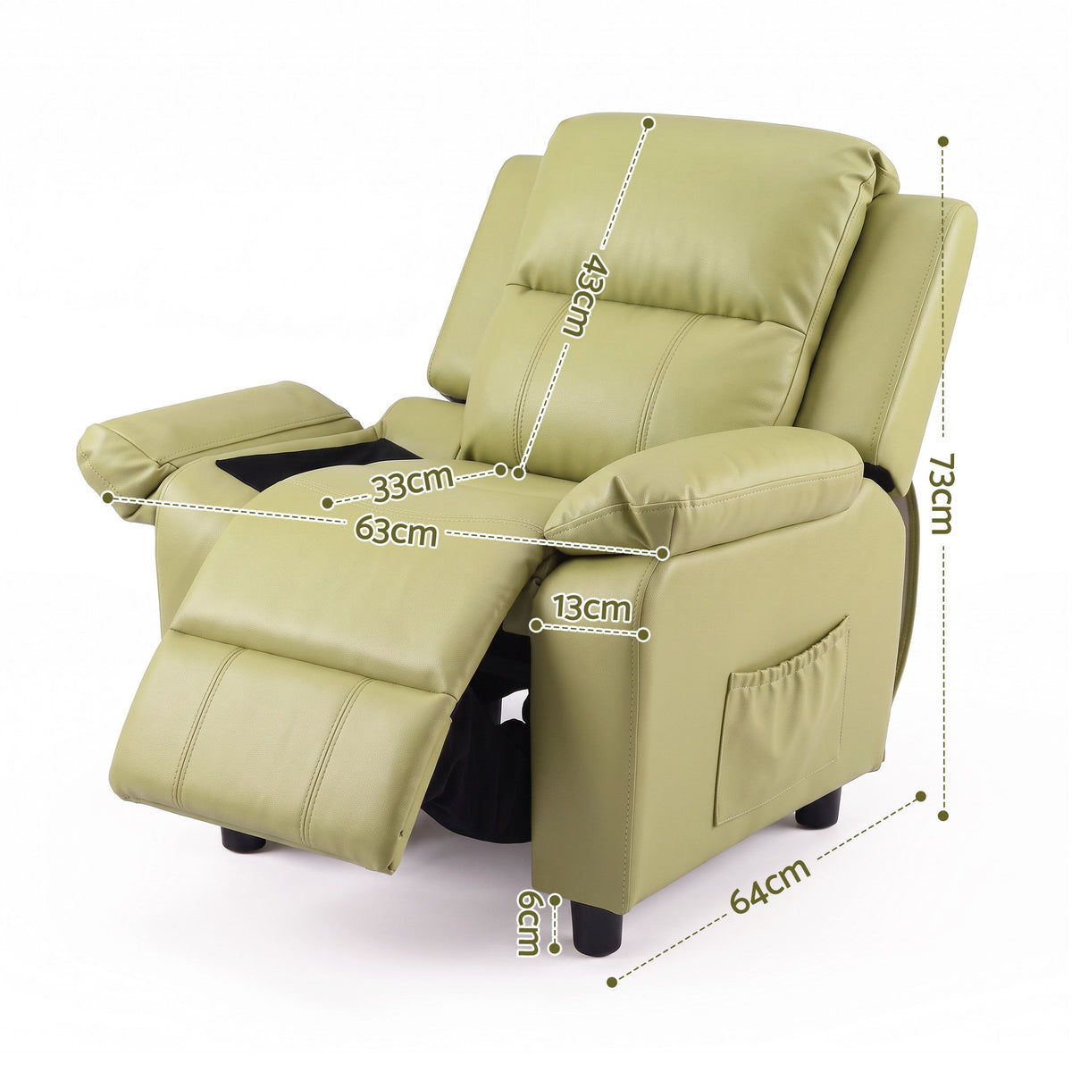 Green kids recliner chair with adjustable backrest and extended footrest for lounging