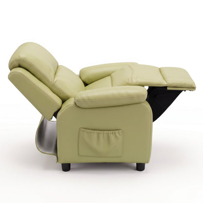Green kids recliner chair side view with padded armrest storage pocket and adjustable back