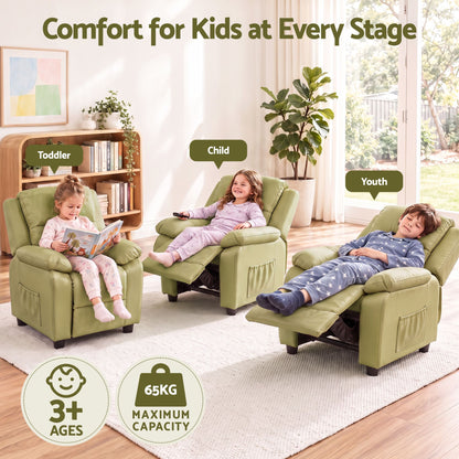 Green kids recliner chair set for toddlers, children, and youth lounging in PU leather