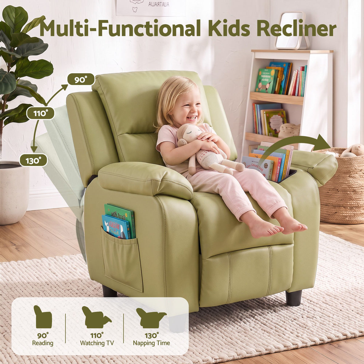 Green kids recliner chair with thick padded backrest and side pocket storage, reclined