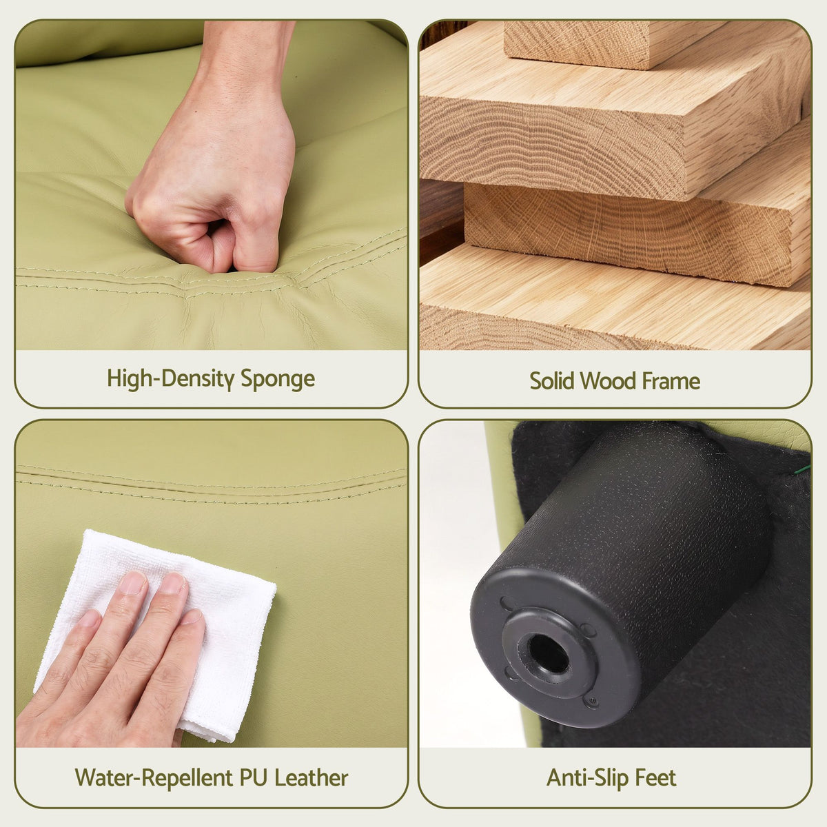 Green kids recliner materials: high-density sponge, water-repellent PU leather, anti-slip feet