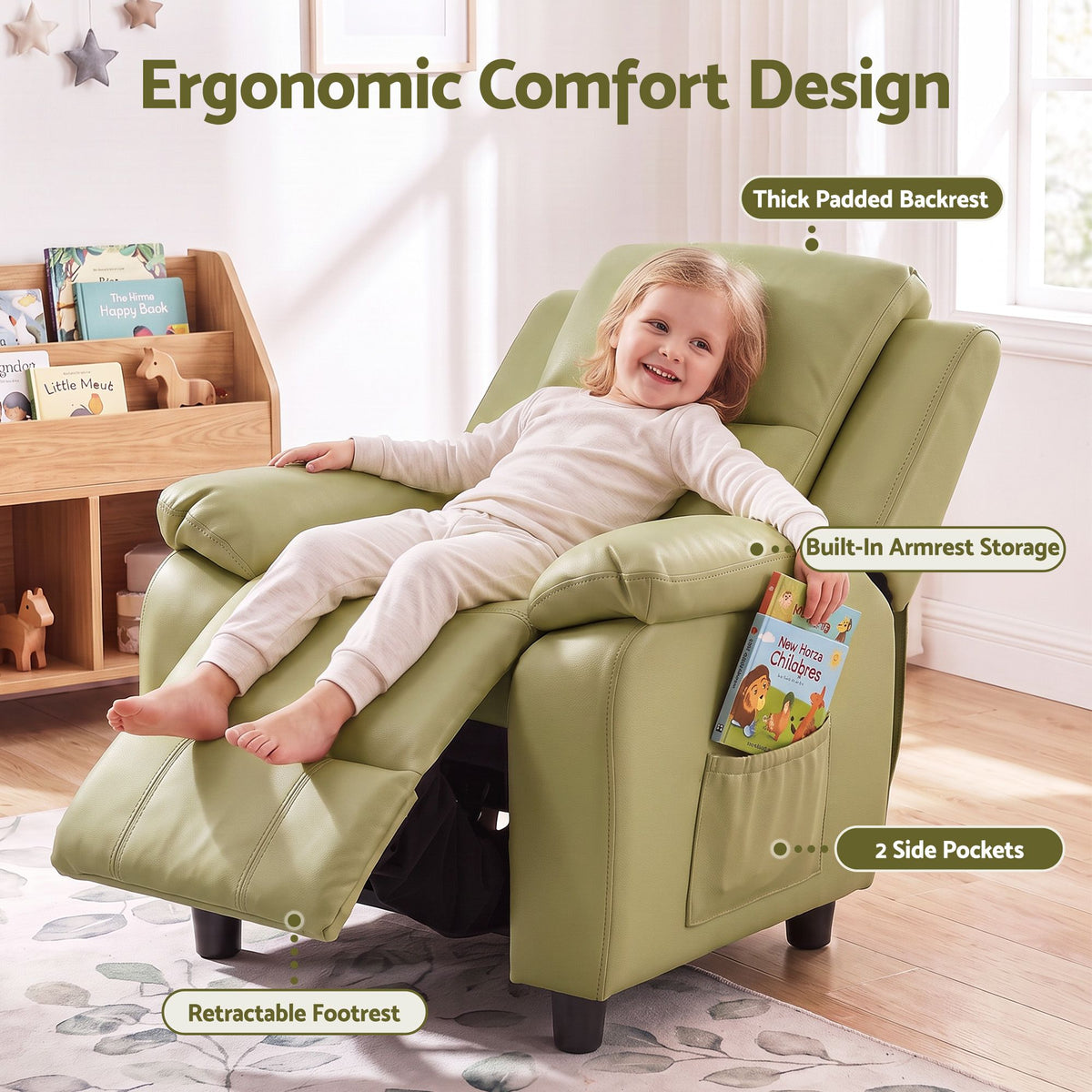 Green kids recliner with padded backrest, built-in armrest storage, two side pockets