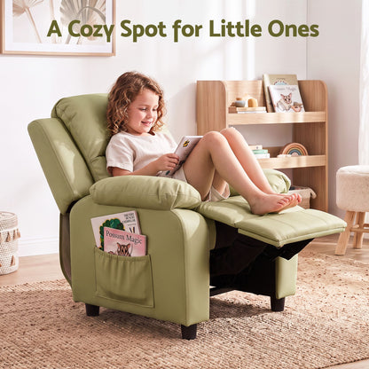 Green kids recliner chair with padded armrest and side pocket storage, reclined footrest