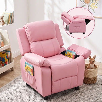 Pink kids recliner chair with PU leather look, adjustable backrest, arm storage and side pockets