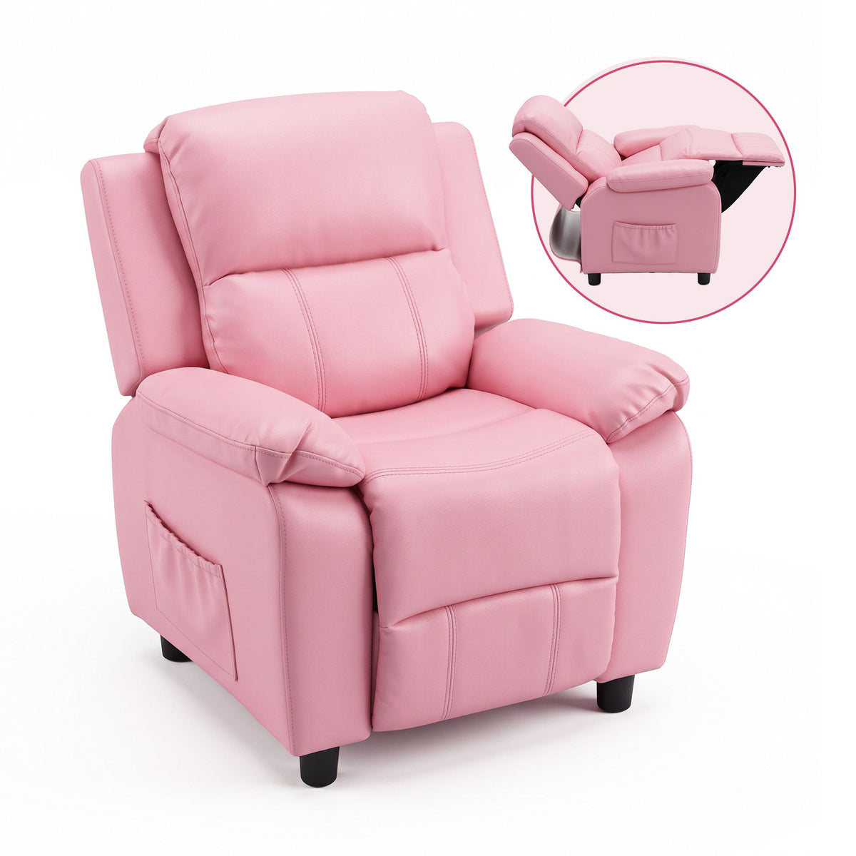 Pink toddler lounge recliner with padded backrest and armrest, side storage pockets