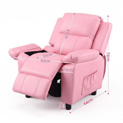 Pink kids recliner chair showing adjustable recline angle with armrest storage