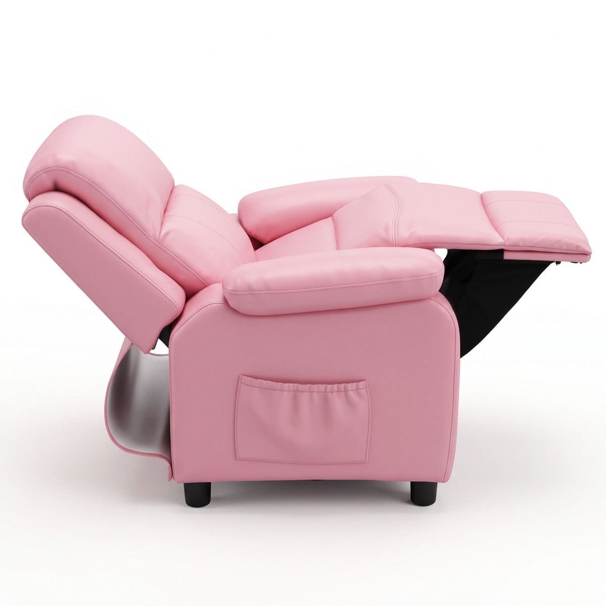 Pink adjustable kids recliner with raised footrest and padded armrest storage pocket