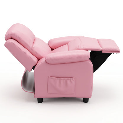 Pink adjustable kids recliner with raised footrest and padded armrest storage pocket