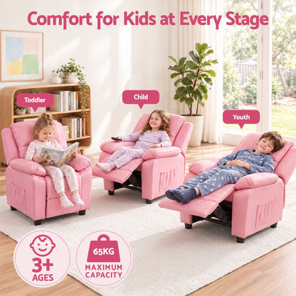 Pink recliner chair for kids with armrest storage and two side pockets