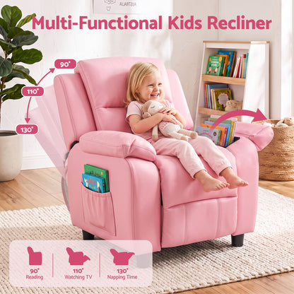 Pink multifunction kids recliner with adjustable backrest, padded arms, and side pocket storage