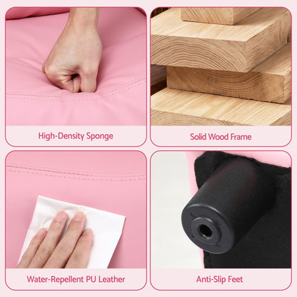 Pink recliner chair material details: high-density foam, water-repellent PU, anti-slip feet