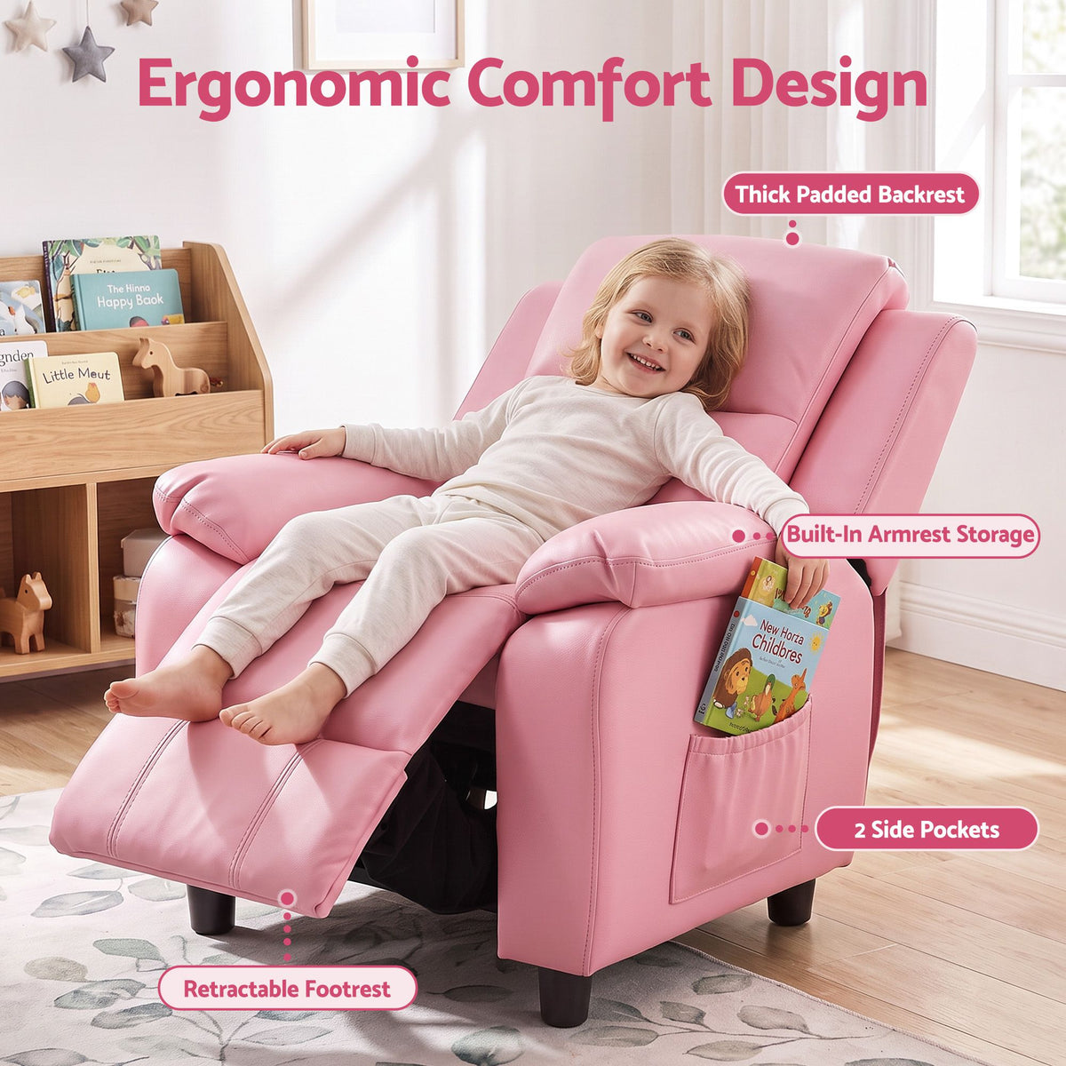 Pink kids recliner chair with thick padded backrest, retractable footrest, armrest storage