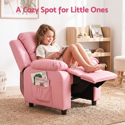 Pink kids recliner chair with side pocket storage and cushioned seat for lounging