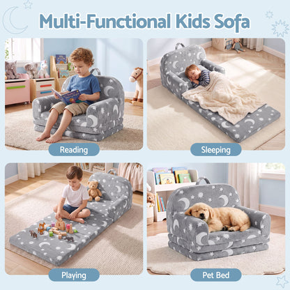 Keezi Kids 2-in-1 Fold Out Sofa Bed with Removable Washable Cover, Carry Handle, Storage Pocket, Glow in the Dark, Grey