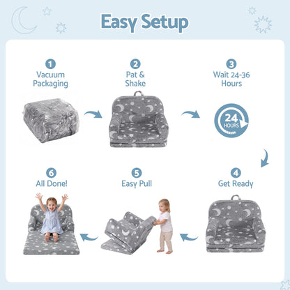 Keezi Kids 2-in-1 Fold Out Sofa Bed with Removable Washable Cover, Carry Handle, Storage Pocket, Glow in the Dark, Grey