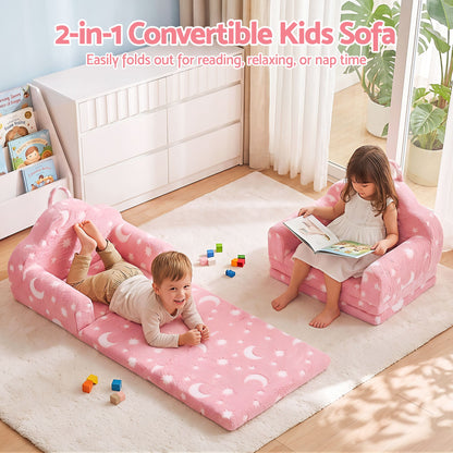 Keezi Kids 2-in-1 Fold Out Sofa Bed with Removable Washable Cover, Carry Handle, Storage Pocket, Glow in the Dark, Pink