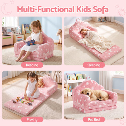 Keezi Kids 2-in-1 Fold Out Sofa Bed with Removable Washable Cover, Carry Handle, Storage Pocket, Glow in the Dark, Pink
