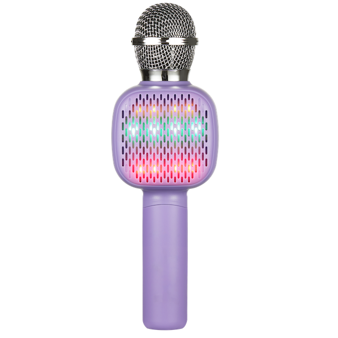 Handheld karaoke microphone with metal grille and lavender speaker body