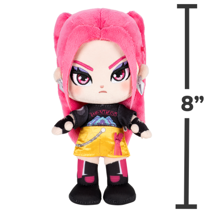 Kpop Demon Hunters Mira plush doll with bright pink hair, black top, yellow skirt, and black boots