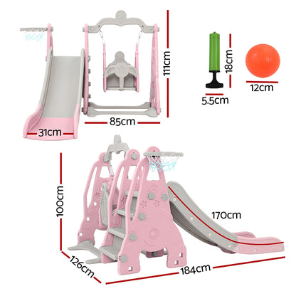 Keezi Kids Slide Swing Set Basketball Hoop Outdoor Playground Toys 170cm Pink