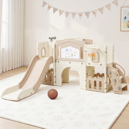 Keezi Kids Slide Set Toddler Indoor Playset With Drawing Board Beige