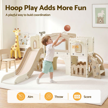 Keezi Kids Slide Set Toddler Indoor Playset With Drawing Board Beige