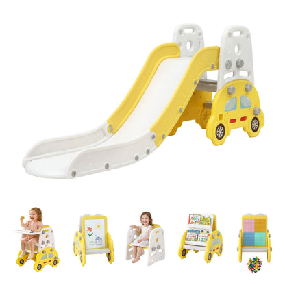 Keezi Kids Slide Set Toddler Indoor Playset Bookshelf Drawing Board Yellow