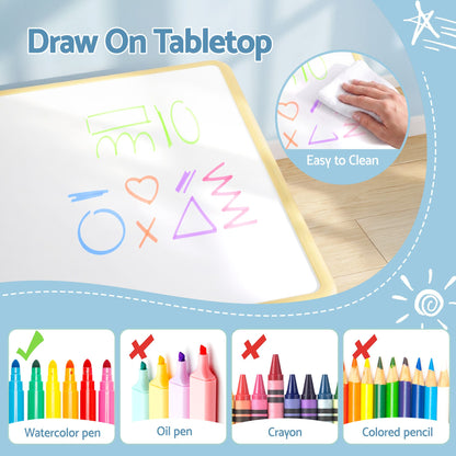 Keezi Kids Table and 2 Chairs Set Height Adjustable Toddler Desk and Chair Set for Ages 3-8, Activity Table with Graffiti Desktop for Learning Drawing Playing, Yellow