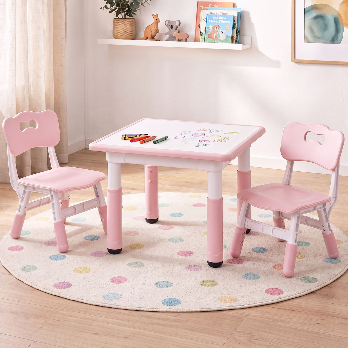 Pink toddler activity table with white tabletop and 2 matching chairs
