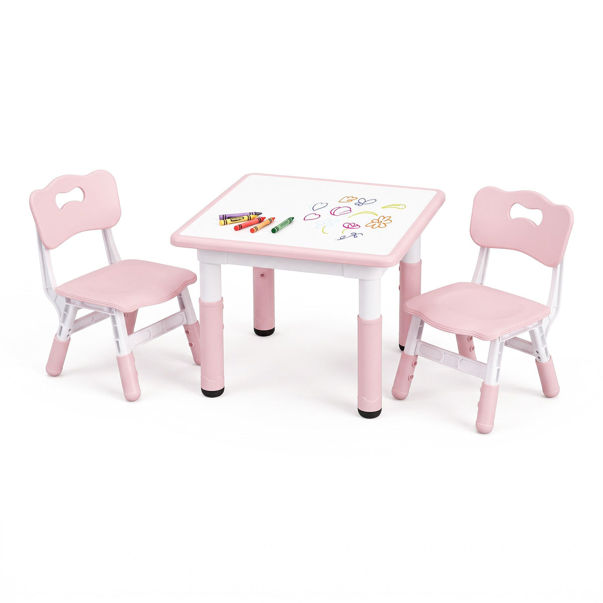 Pink toddler activity table with tabletop artwork and 2 matching chairs