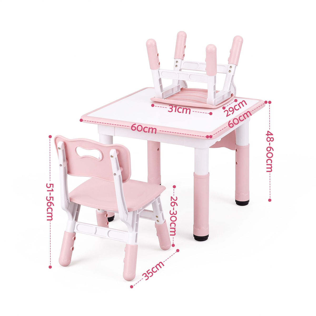 Height adjustable toddler activity table with 2 pink chairs; size measurements shown