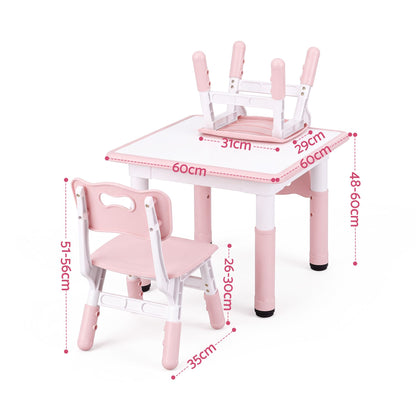 Height adjustable toddler activity table with 2 pink chairs; size measurements shown