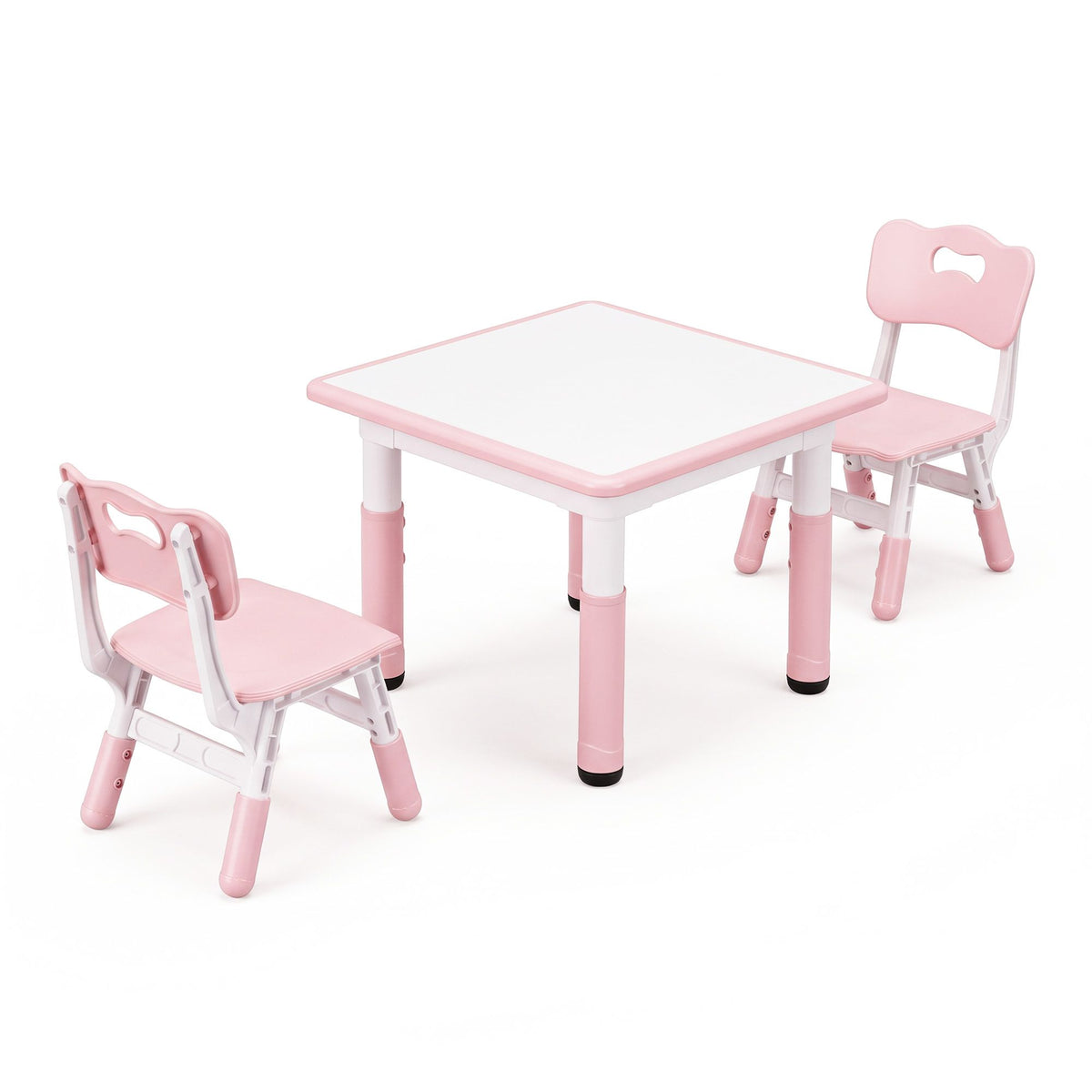 Kids activity table with pink legs and 2 chairs; blank tabletop view