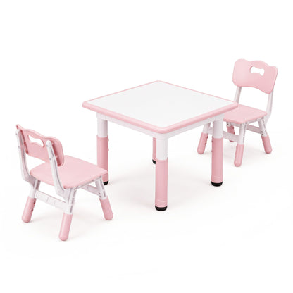 Kids activity table with pink legs and 2 chairs; blank tabletop view