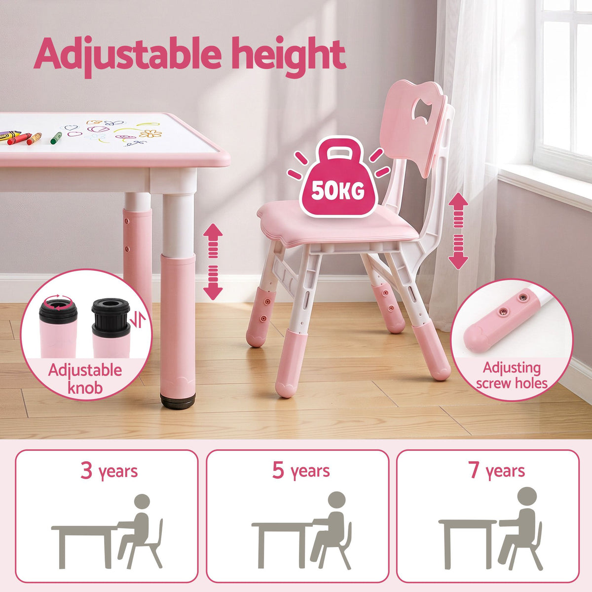 Adjustable height kids table and pink chair; adjustable knob feature shown