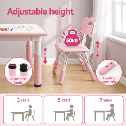 Adjustable height kids table and pink chair; adjustable knob feature shown