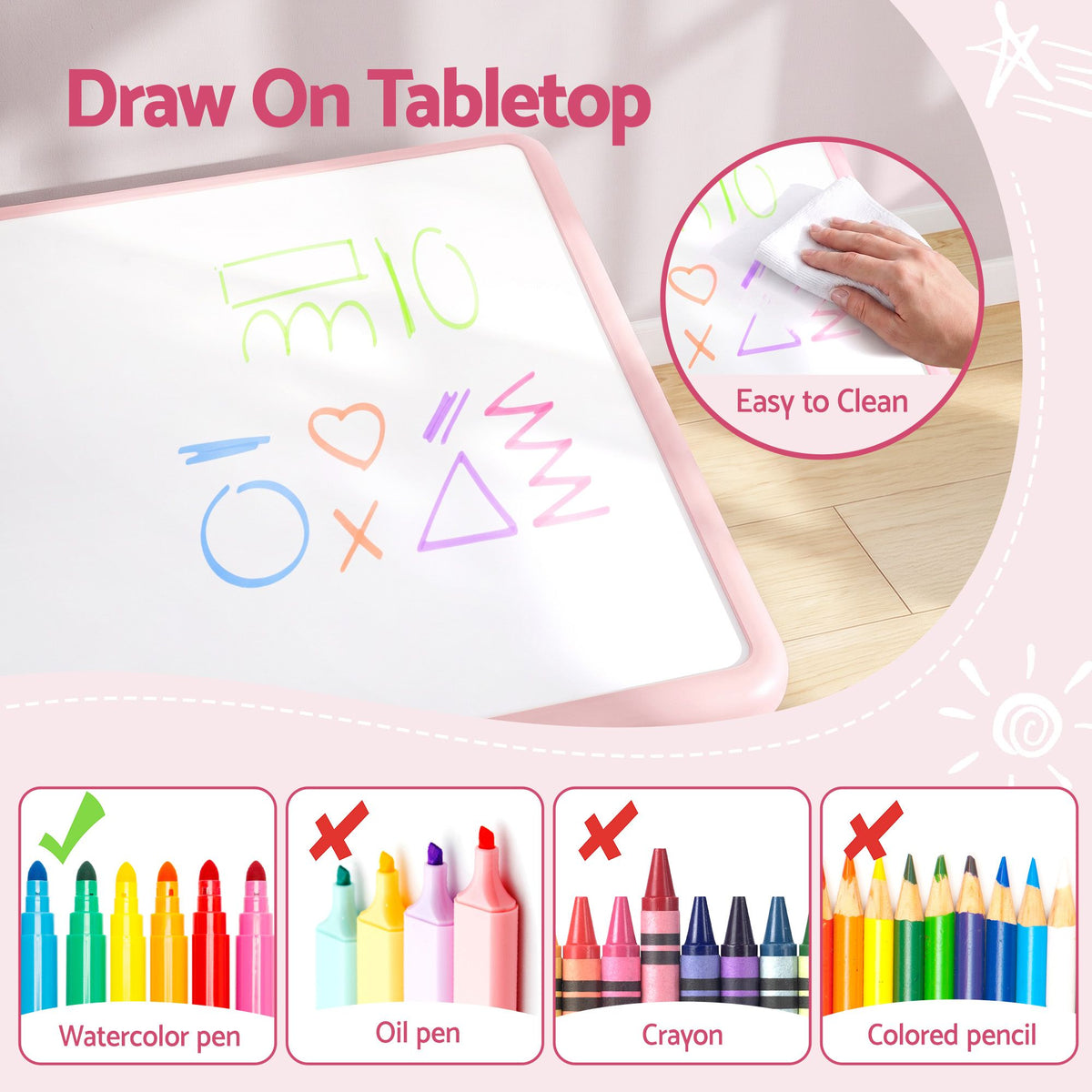 Kids activity table with white drawing surface; marker and crayon use icons shown